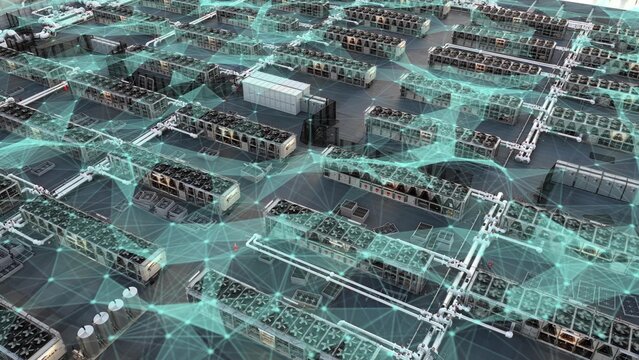 Aerial of hyperscale data center campus with AI computing infrastructure, cloud networking and digital analytics visualization
