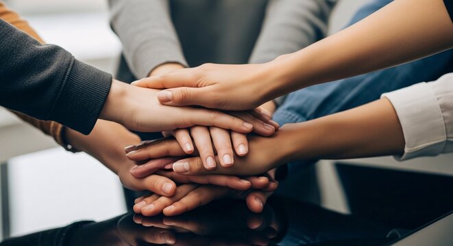 Diverse group of people placing hands together in teamwork gesture symbolizing unity collaboration support and collective effort in a professional environment