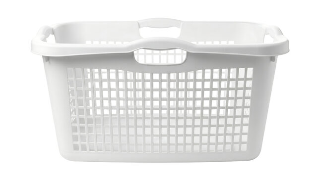 White plastic laundry basket with handles isolated on white background