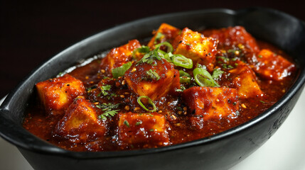 Fototapeta premium Chilli paneer, a popular indochinese vegetarian dish made with cubes of paneer cheese in a spicy sauce