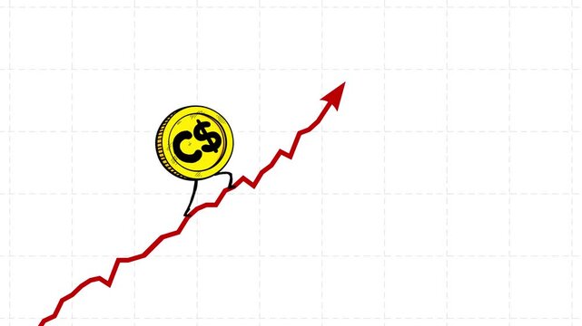 Canadian dollar rate still goes up seamless loop animation. Walking down coin video. C$ animated character falling down fast movie. Funny business cartoon on white grid background.