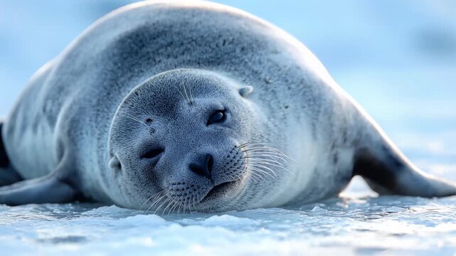 Close up of a wild seal sleeping on the arctic ice, resting peacefully in a frozen polar landscape.