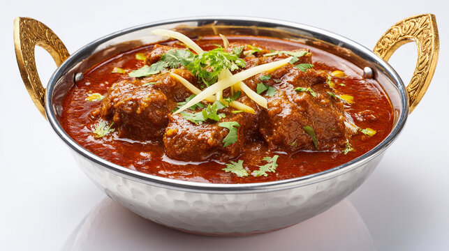 Delicious indian mutton curry or lamb rogan josh served in a traditional metal bowl isolated on white background