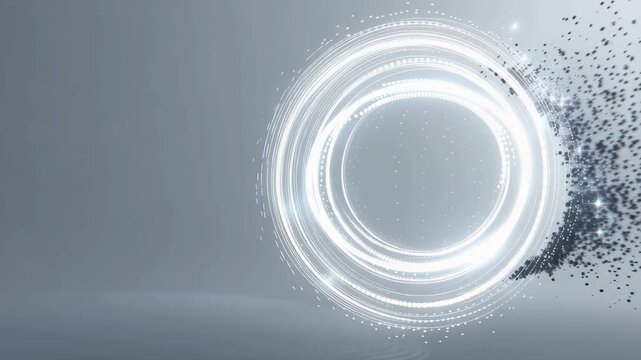 Abstract glowing circle ring light particle cloud gray background futuristic digital motion design with clean minimal space, particle burst, light trail, motion blur, luminous circle, SEO friendly
