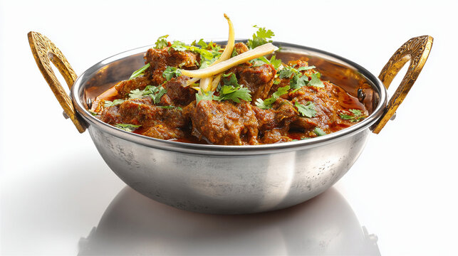 Delicious indian mutton curry or lamb rogan josh served in a traditional metal bowl isolated on white background