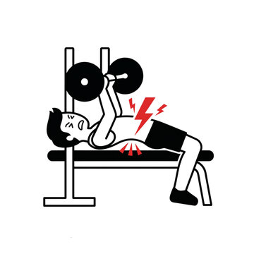 Weightlifter performs a bench press exercise incorrectly while experiencing severe back pain because of improper posture and lifting techniques during a strenuous gym session, depicting injury risks.