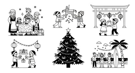 Obraz premium Vector icons of diverse global Christmas holiday traditions and celebrations.