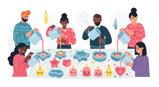 Diverse group of people making colorful candles in a workshop