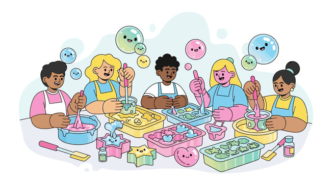 Diverse group of children baking together in a kitchen