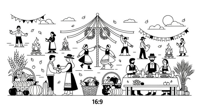 Community outdoor dinner and autumn harvest celebration scene.