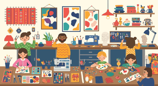Diverse group of creative people working in art studio