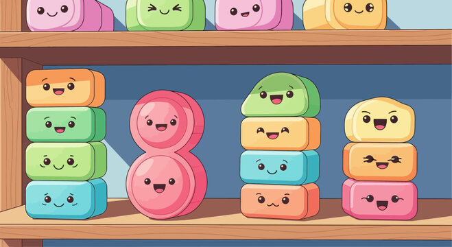 Cute colorful kawaii blocks with happy faces on a shelf