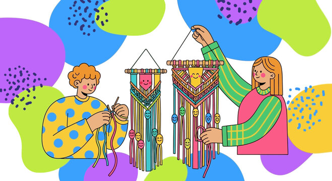 People making colorful macrame wall hanging art