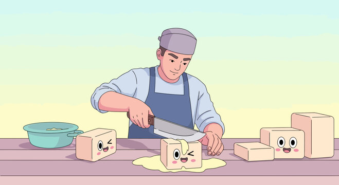 Chef cutting cute cartoon butter blocks in the kitchen