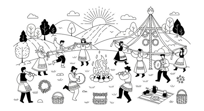 Midsummer solstice festival with campfire and traditional dancing.