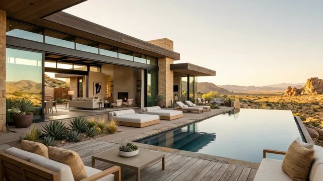 Modern luxury desert villa with infinity pool and panoramic mountain views at sunset