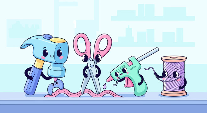 Cute cartoon characters of crafting tools and supplies