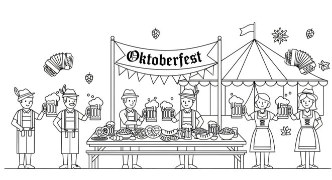 Bavarian people in traditional dress at Oktoberfest beer tent.