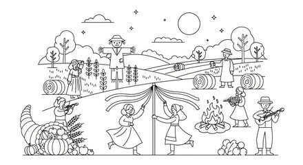 Obraz premium Traditional European harvest festival with maypole dancing and bonfire.