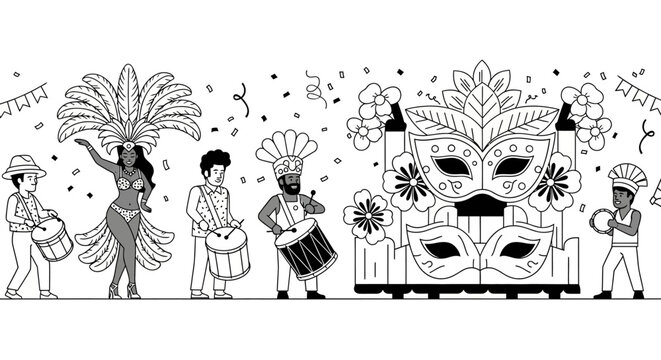 Samba dancer and musicians in a Carnival mask parade.