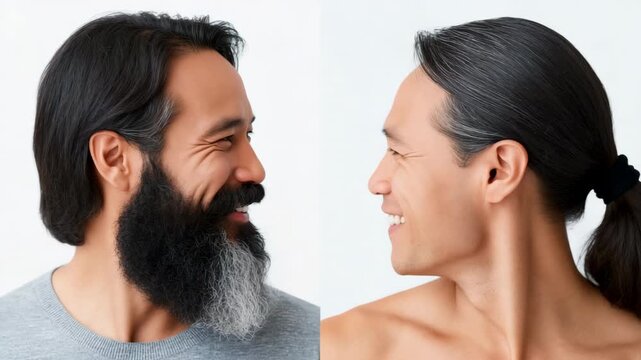 Slow pan tracking shot between bearded and clean shaven man smiling and turning in white studio portrait setup