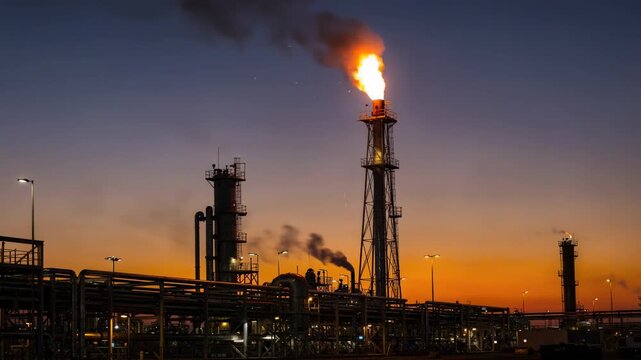 Medium shot of a flare stack burning off crude byproduct gases against a vibrant dusk sky highlighting industrial energy production with a warm glowing flame