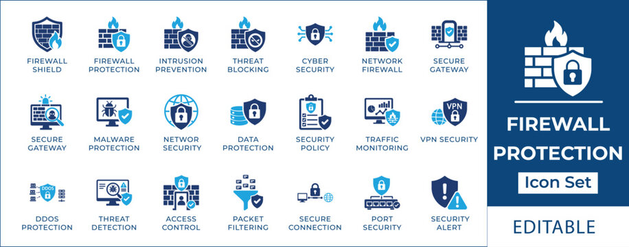 Firewall protection icon set featuring network cyber security, data privacy shield, malware detection, ddos protection, vpn encryption, and internet gateway barrier symbols.