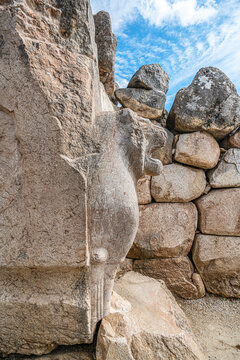 Architectural view of the famous stone-carved Lion Gate at the ancient ruins of Hattusa. The monumental gate represents the master masonry and artistic achievements of the Hittite civilization in Anat