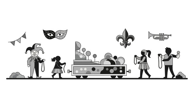 Minimalist Mardi Gras parade elements with float and jester.