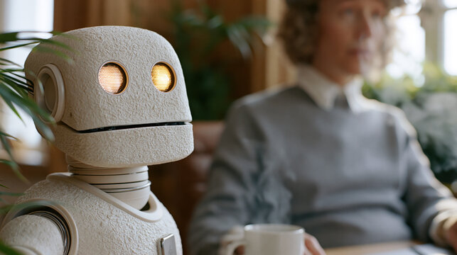 Two bone-white humanoid robots gather at table in warm editorial documentary photo