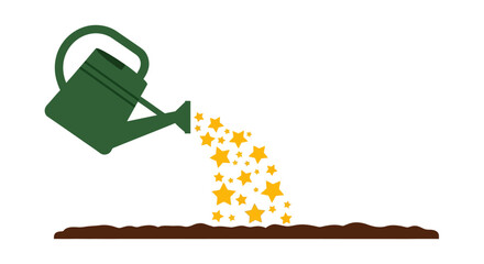 Obraz premium Watering can pouring stars onto soil, flat vector illustration