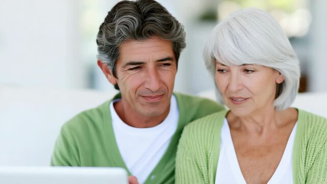 Static shot close up of older couple smiling and using laptop together on living room sofa at home during daytime soft natural light intimate interaction