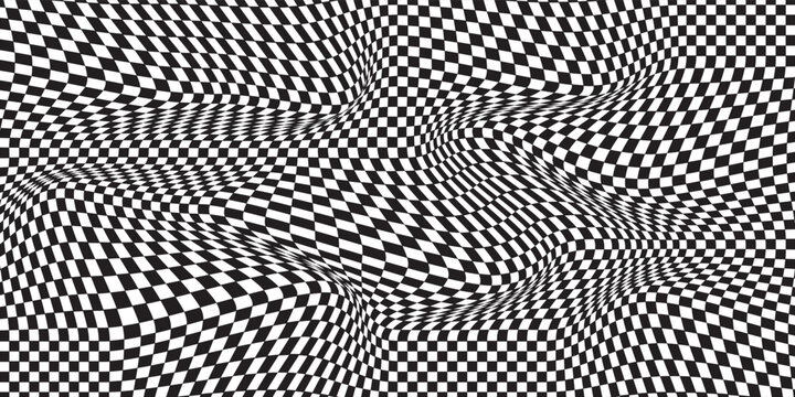 Distorted checkered pattern black and white background design - wavy effect illusion modern vector