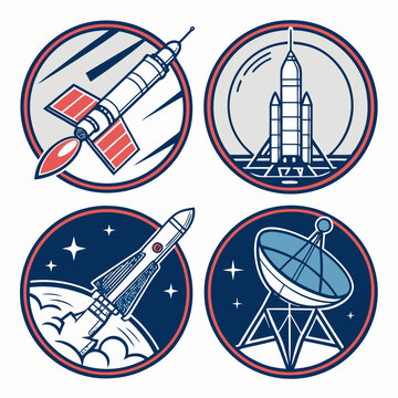Circular space logos show rockets spacecraft and radar dishes with planets and stars in orbits.