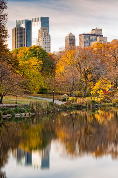 Autumn foliage and Manhattan skyline reflections in a tranquil pond define this urban nature destination, highlighting travel and tourism in Central Park, New York City.