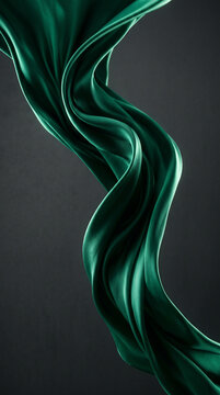 Flowing emerald green silk fabric twisting elegantly against dark gray background in vertical composition