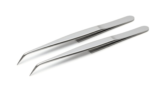 Stainless steel surgical tweezers with angled tips isolated on white background