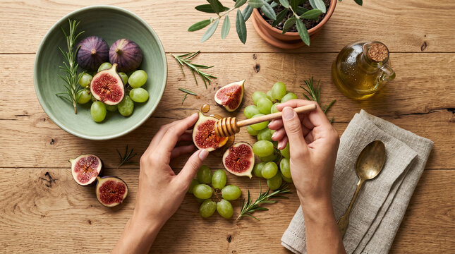 Hands drizzling honey on fresh fig and green grapes arranged on rustic wooden table with rosemary and olive oil