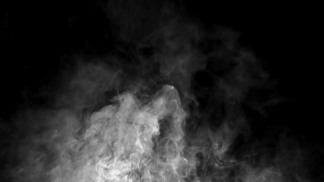 High-quality animation of thick white smoke drifting and rising naturally against a pure black background. Ideal for blending modes like screen or linear dodge to create mysterious atmospheric effects