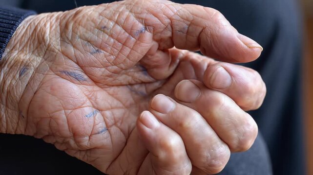Close-up of an elderly person's wrinkled hand gently clenching a fist