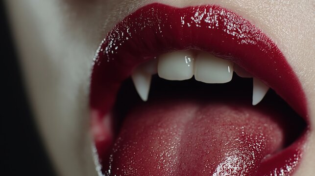 Macro close up of female mouth with red lipstick opening to show sharp vampire fangs. Halloween horror movie and gothic style concept