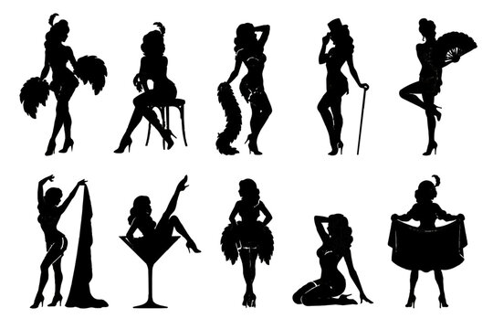 Vintage Burlesque Showgirl Silhouette Vector Set with Cabaret Dancers, Feather Fans, Cocktail Glass and Retro Glamour Poses