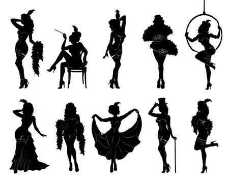 Vintage Burlesque Showgirl Silhouette Vector Icon Set &ndash; Elegant Cabaret Dancer Poses Collection in Black and White