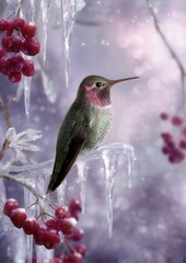 Fototapeta premium Hummingbird perched on ice with frozen berries