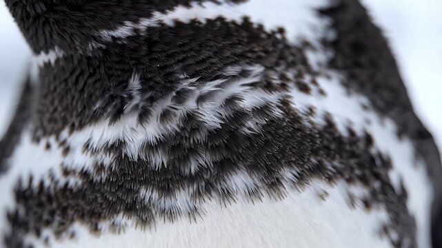 Close-up of fluffy black and white penguin feathers texture in a polar environment.