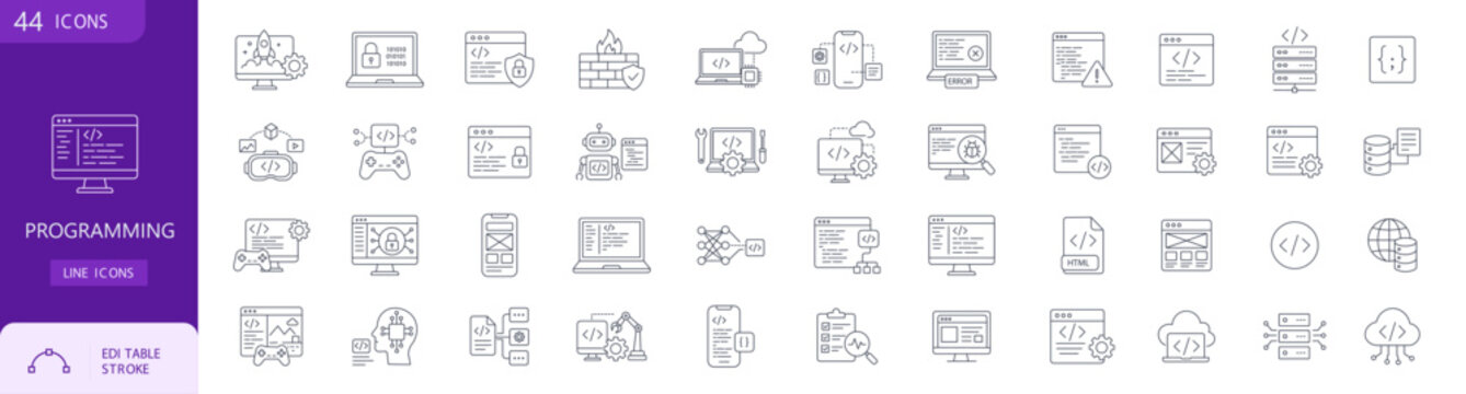 Programming and web software development coding line icons set
