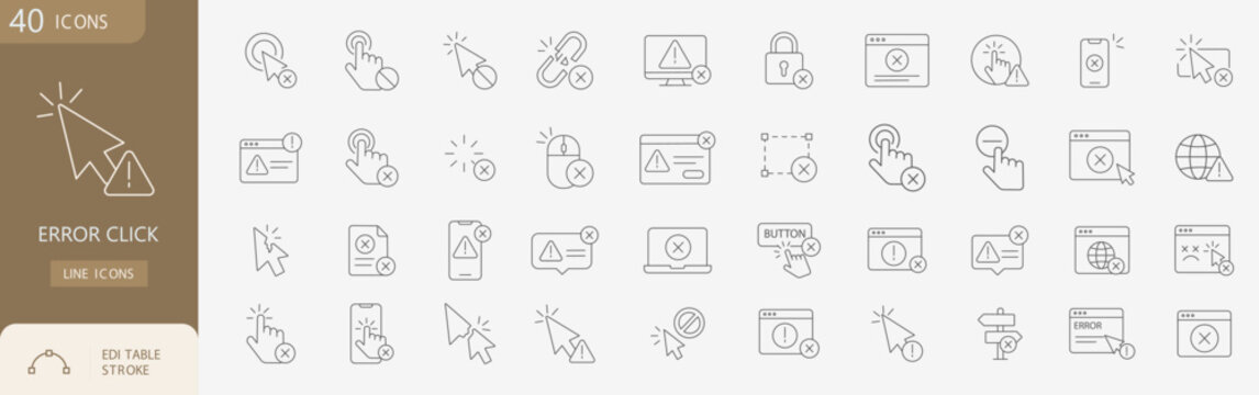 Error click and cursor line icons set for website warning vector
