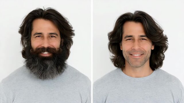 Static shot of man alternating between full beard and clean shaven while posing against plain white studio background
