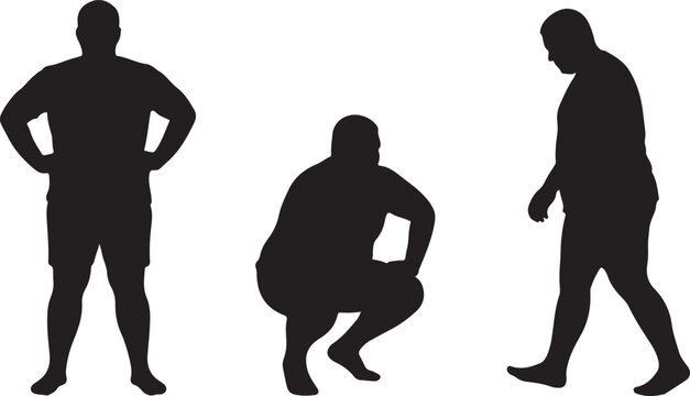 Three black silhouettes of an overweight man in different poses standing crouching and walking