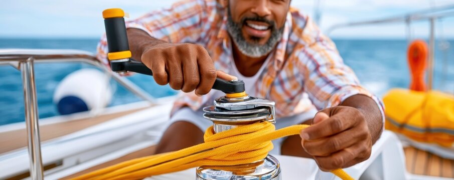 Man operating a winch on a yacht deck while smiling during a sunny sailing trip